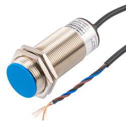 Picture of Capacitive Proximity Sensor, Cylindrical, M30, Shielded, Ni-plated Brass, NPN NC, Sensing Distance 10 mm, 2 meter 3-wire cable