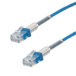 Picture of Category 6a 10gig Double Spring Slim Ethernet Cable Assembly, 30AWG Stranded, RJ45 Male Plugs with Spring Boots, CM Jacket, Blue, 1FT