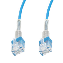 Picture of Category 6a 10gig Double Spring Slim Ethernet Cable Assembly, 30AWG Stranded, RJ45 Male Plugs with Spring Boots, CM Jacket, Blue, 1FT