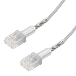 Picture of Category 6a 10gig Double Spring Slim Ethernet Cable Assembly, 30AWG Stranded, RJ45 Male Plugs with Spring Boots, CM Jacket, Gray, 10FT