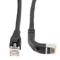 Picture of Ethernet Category 6a 10gig Right Angle Patch Cable, F/UTP Shielded, 26AWG, RJ45 Straight to Down, CMX PVC, Black, 5.0 ft