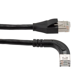 Picture of Ethernet Category 6a 10gig Right Angle Patch Cable, F/UTP Shielded, 26AWG, RJ45 Straight to Left, CMX PVC, Black, 5.0 ft