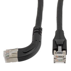 Picture of Ethernet Category 6a 10gig Right Angle Patch Cable, F/UTP Shielded, 26AWG, RJ45 Straight to Left, CMX PVC, Black, 5.0 ft