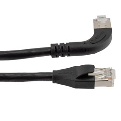 Picture of Ethernet Category 6a 10gig Right Angle Patch Cable, F/UTP Shielded, 26AWG, RJ45 Straight to Right, CMX PVC, Black, 5.0 ft