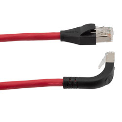 Picture of Ethernet 6a 10gig Right-Angle Patch Cable, F/UTP Shielded, 26AWG, RJ45 Straight to Down, LSZH, Red, 5 FT