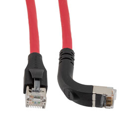 Picture of Ethernet 6a 10gig Right-Angle Patch Cable, F/UTP Shielded, 26AWG, RJ45 Straight to Down, LSZH, Red, 5 FT