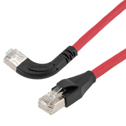Picture of Ethernet 6a 10gig Right-Angle Patch Cable, F/UTP Shielded, 26AWG, RJ45 Straight to Left, LSZH, Red, 5 FT