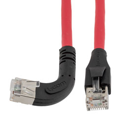 Picture of Ethernet 6a 10gig Right-Angle Patch Cable, F/UTP Shielded, 26AWG, RJ45 Straight to Left, LSZH, Red, 5 FT