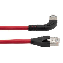 Picture of Ethernet 6a 10gig Right-Angle Patch Cable, F/UTP Shielded, 26AWG, RJ45 Straight to Right, LSZH, Red, 5 FT