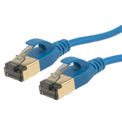 Picture of Category 7 10gig Slim Ethernet Cable Assembly, RJ45 Male/Plug, U/FTP Shielded Pairs, 32AWG Stranded, CM PVC Jacket, Blue, 0.5FT