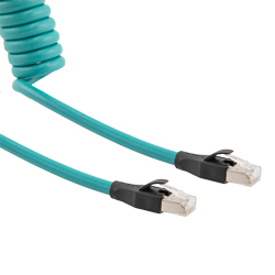 Picture of Category 5e Ethernet Coil Cord, RJ45-RJ45 180D Tangents, F/UTP Foil Shielded 26AWG High Flex Industrial Zero Halogen TPU Teal, 3 to 18F