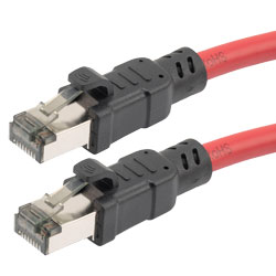 Picture of Category 8 40gig Ethernet Cable Assembly, S/FTP Overall Braid Shield w Shielded Pairs, RJ45 Male-Plug, 24AWG Solid, CM PVC, Red, 50FT