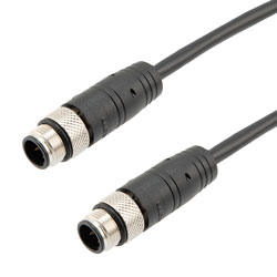 Picture of Category 5e Economy M12 4 Position D code Cable, IP67 M12 Male Plug to IP67 M12 Male Plug, 26AWG Shielded Outdoor VW-1 PVC Black, 0.5M