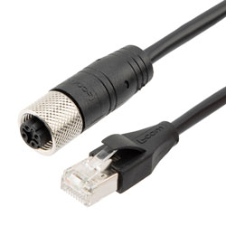 Picture of Category 5e Economy M12 4 Position D code Cable, IP67 M12 Female Jack to RJ45 Male Plug, 26AWG Shielded Outdoor VW-1 PVC Black, 2M