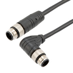 Picture of Cat5e Economy M12 4 Position D code Cable, IP67 M12 Male Plug to Right Angle IP67 M12 Male Plug, 26AWG Shielded Outdoor VW-1 PVC BLK, 0.5M