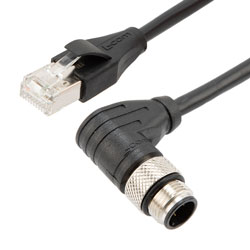 Picture of Cat5e Economy M12 4 Position D code Cable, Right Angle IP67 M12 Male Plug to RJ45 Male Plug, 26AWG Shielded Outdoor VW-1 PVC BLK, 1M