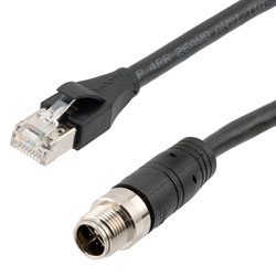Picture of Category 6a Ethernet Economy M12 8 Position X code Cable, IP67 M12 Male Plug to RJ45 Male Plug, 26AWG Shielded Outdoor VW-1 PVC Black, 0.5M