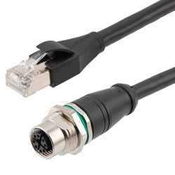Picture of Category 6a Economy M12 8 Position X code Cable, IP67 Panel Mountable M12 Female to RJ45 Male, 26AWG Shielded Outdoor VW-1 PVC Black, 0.5M
