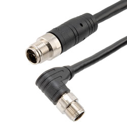 Picture of Cat6a Ethernet Economy IP67 M12 8 Position X code Cable, Right Angle M12 Plug to M12 Plug, 26AWG Shielded Outdoor VW-1 PVC Black, 2M