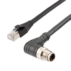 Picture of Cat6a Ethernet Economy M12 8 Position X code Cable, Right Angle IP67 M12 Plug to RJ45 Plug, 26AWG Shielded Outdoor VW-1 PVC Black, 1M