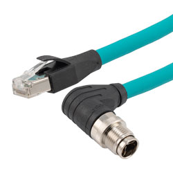 Picture of Category 6a 10g M12 IP67 8 Position X code Double Shielded SF/UTP Industrial Outdoor High Flex Cable, M12 RAM to RJ45 M, CMX TPE, TEAL, 2m